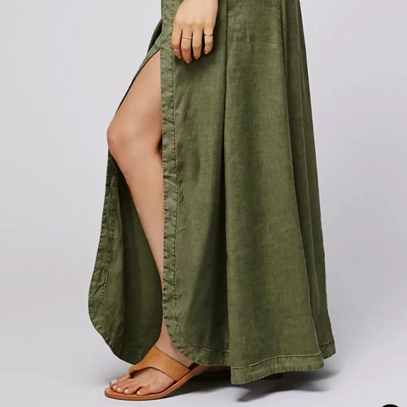 Free People American Ride Maxi Skirt Linen Olive Sage Green Wrap Side Slits 2 - Picture 4 of 10